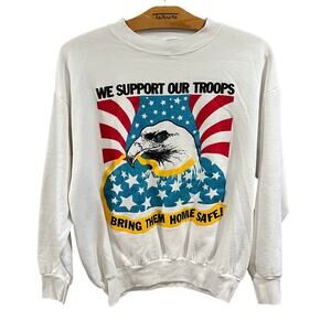 Vintage Patriotic Eagle Support Our Troops White Sweatshirt Size XL